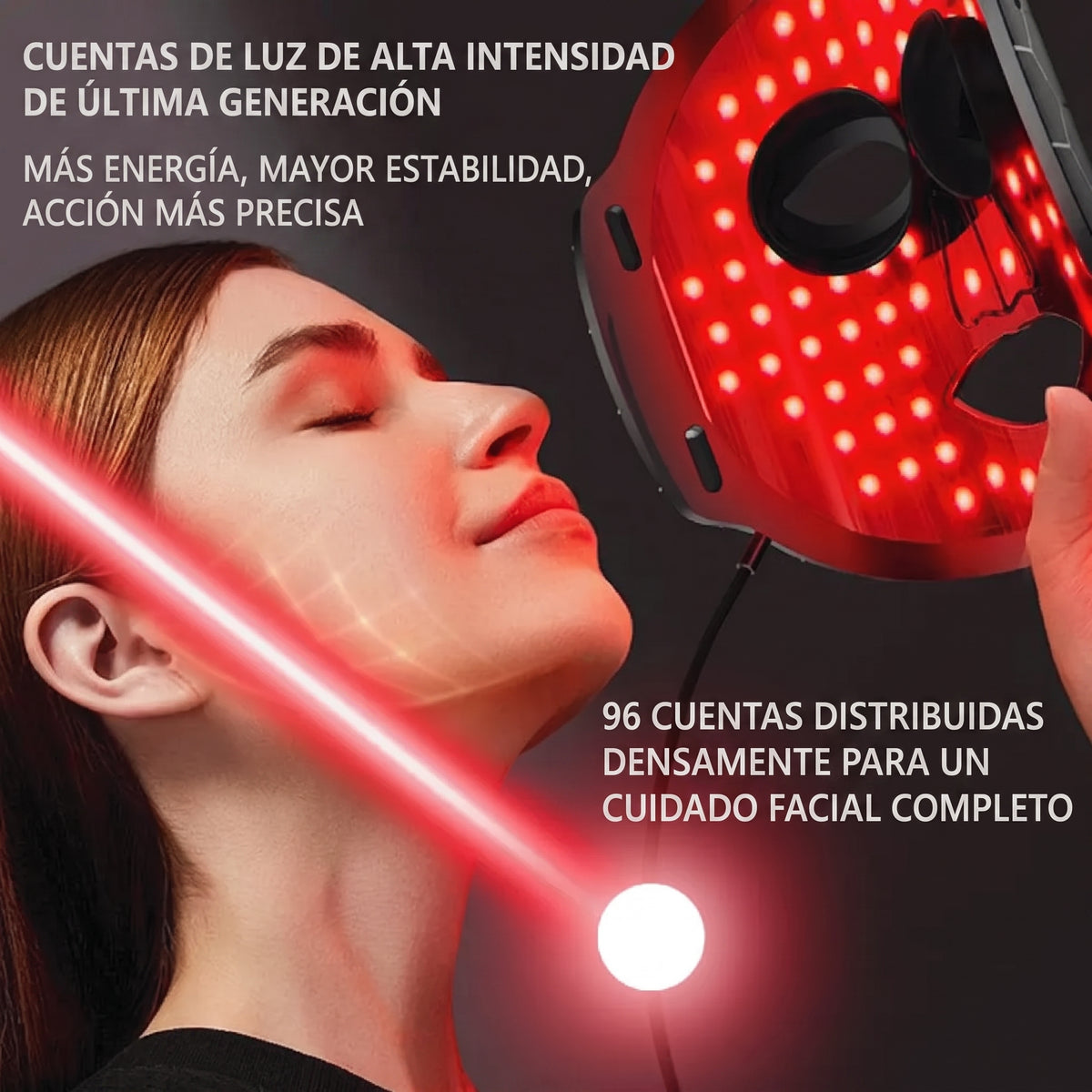 Mujer usando máscara de luz roja para terapia led facial y cuidado de la piel