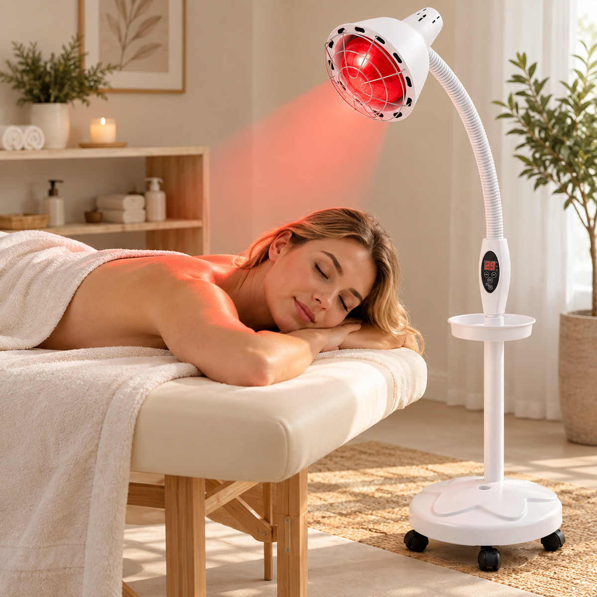 Lámpara de calor infrarrojo de pie con base móvil y cabezal orientable