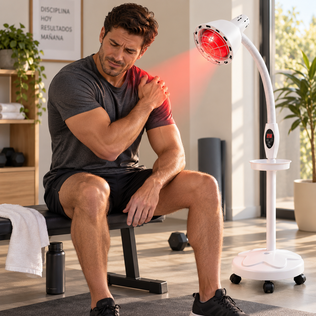 Persona utilizando una lámpara de infrarrojos en su espacio de entrenamient