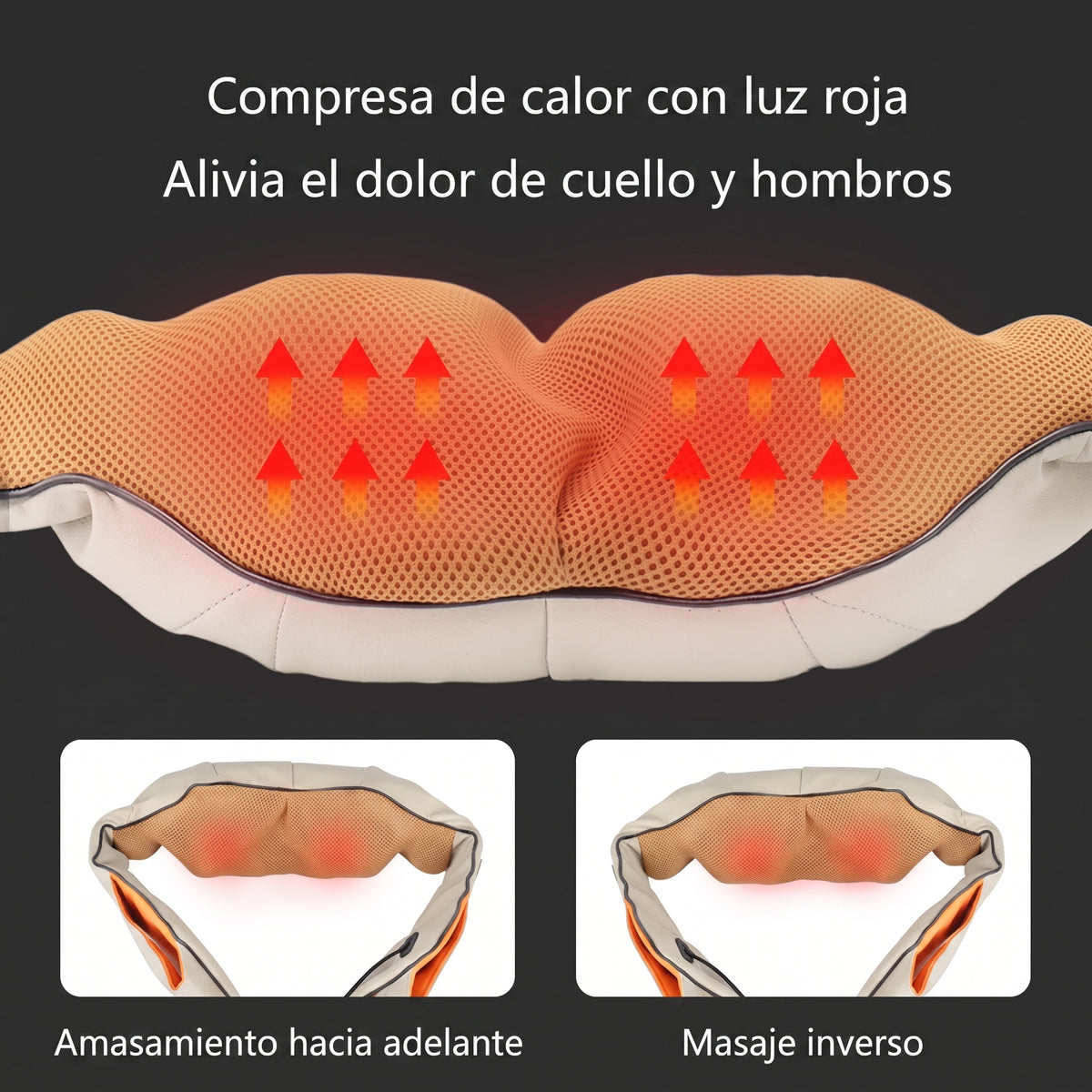 Detalle de los cabezales del masajeador cervical con luz infrarroja activa