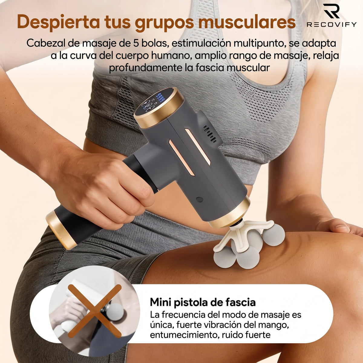Detalle de los cabezales intercambiables de la pistola de percusión y tejido profundo